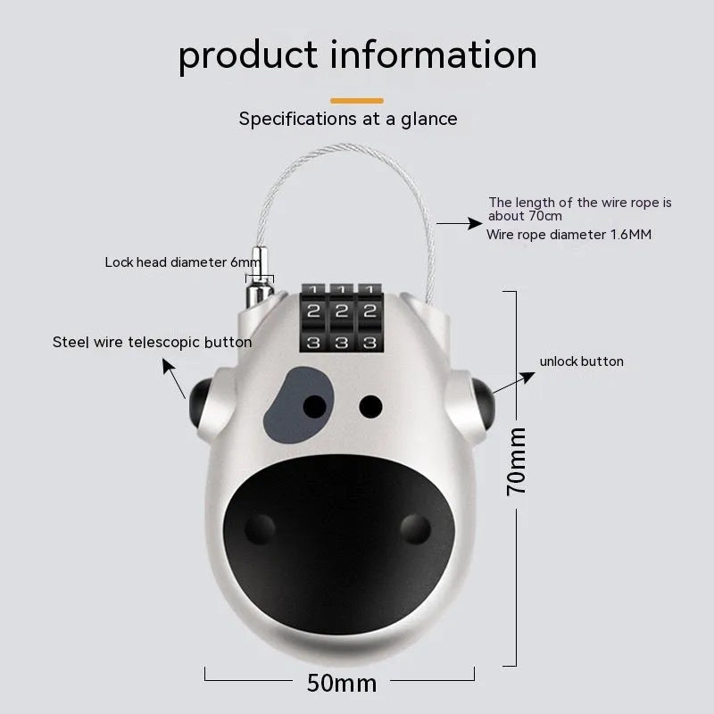 Retractable wire rope helmet lock with 1 metre chain in black cow design