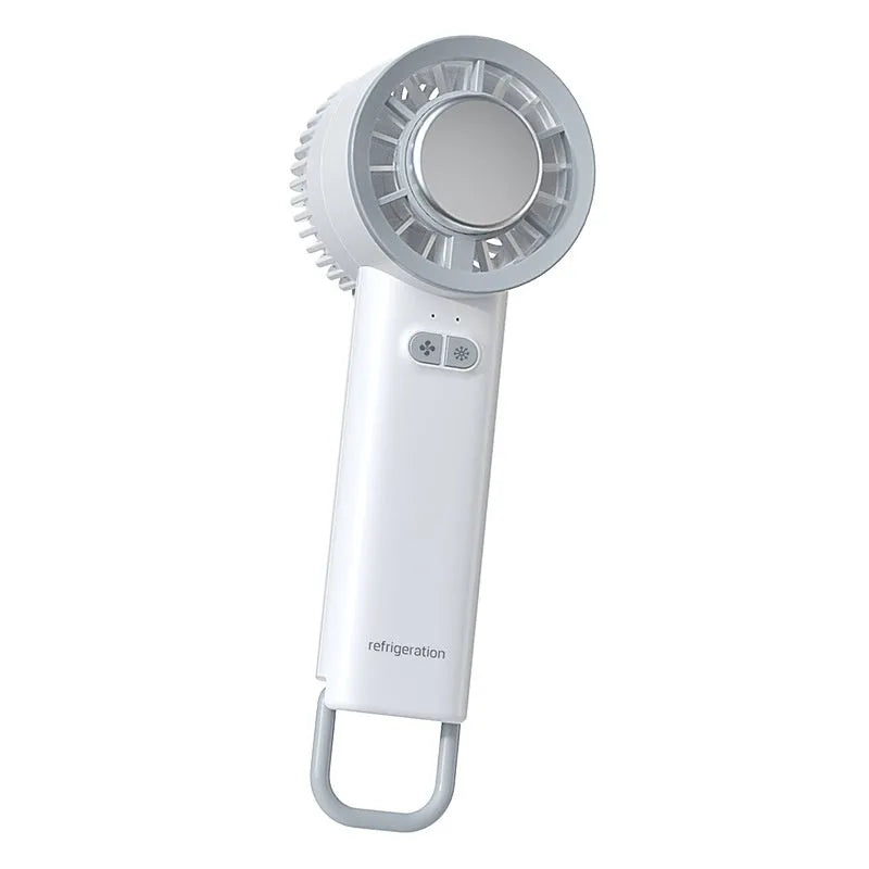 White handheld turbo fan with touch controls, showing compact duct design for personal cooling.
