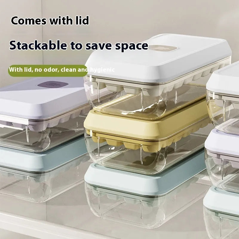 32 grid plastic ice cube tray with lid, storage box, and spatula in corn yellow colour