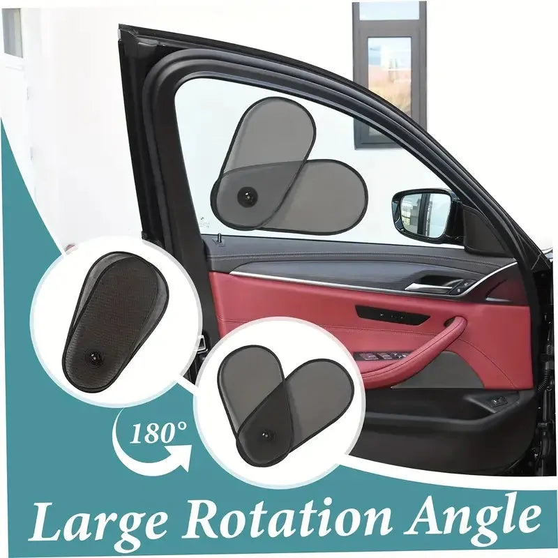 Black stretchy car side window sunshade for babies attached with suction cups.