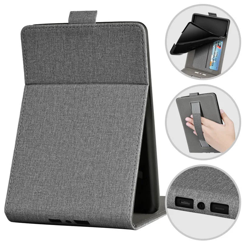 A 6-inch Kindle protective case in an embossed TPU material, shown in a Van Gogh starry sky design, with its folding bracket stand extended.