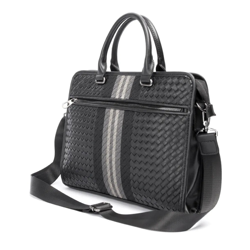Men's stitching woven business casual briefcase in black PU leather with shoulder strap, solid colour design