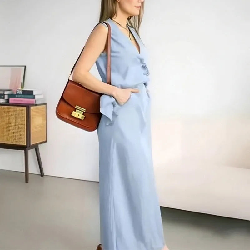 Women's sleeveless vest and long skirt two-piece casual suit in polyester available in three colours