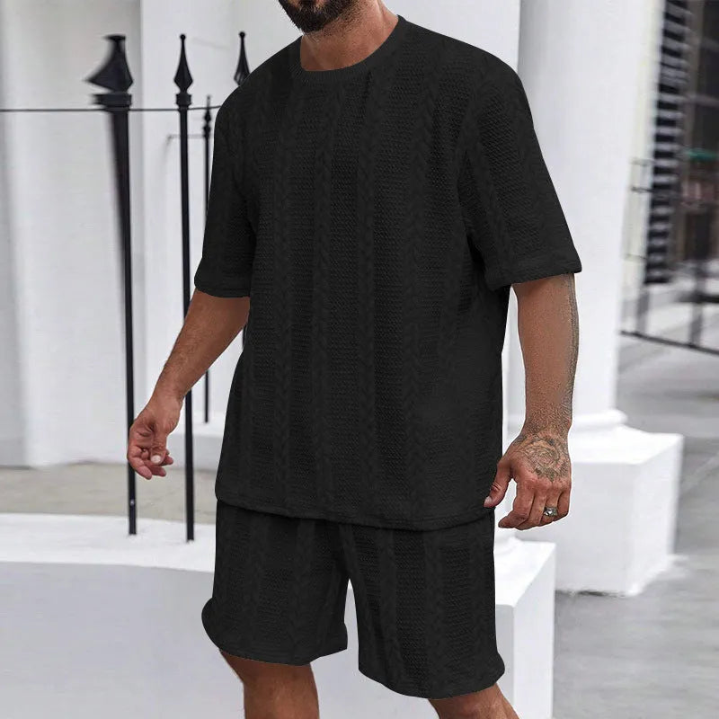 Men's knitted polyester summer set with round neck pullover and matching shorts in solid colour options