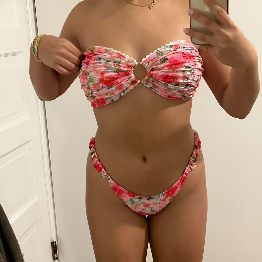 Floral print polyester bikini set with tube top and lace briefs in multiple colour options