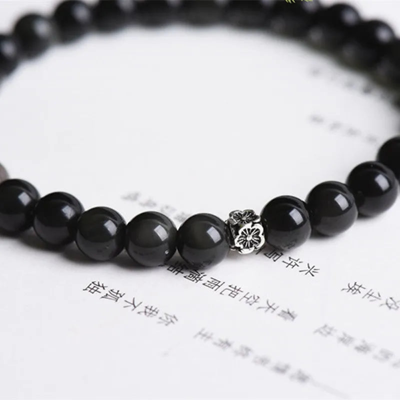 Natural obsidian bracelet with S925 silver small flower accessories featuring dragon phoenix decorations