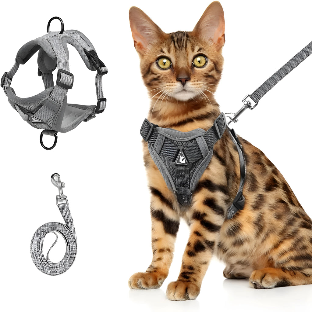 Adjustable mesh cat harness with reflective strips in blue, coffee and grey colours