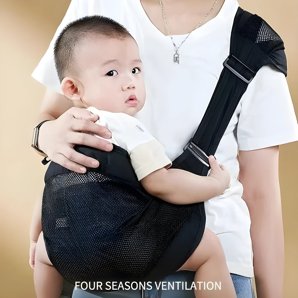 Adjustable cloth baby waist stool carrier in grey colour supporting child