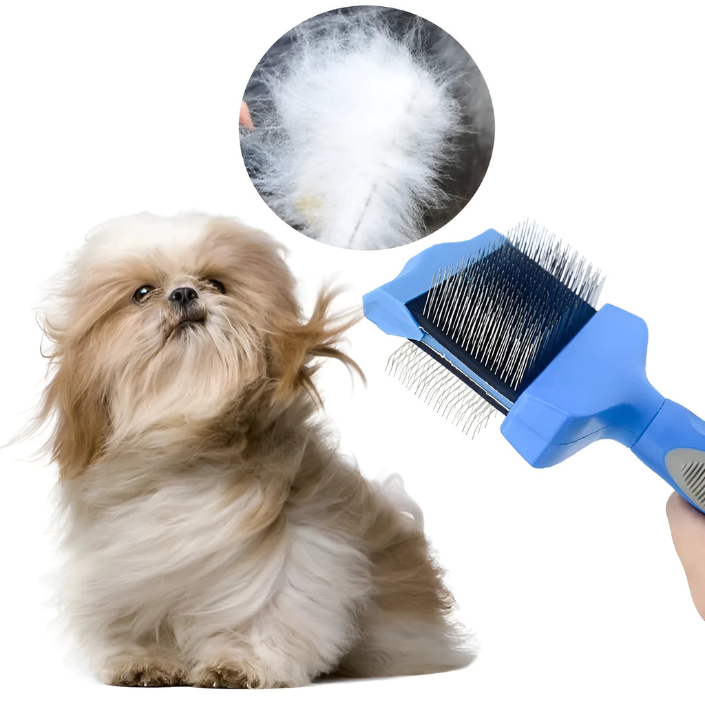 Blue double-sided pet brush with stainless steel pins on a white background