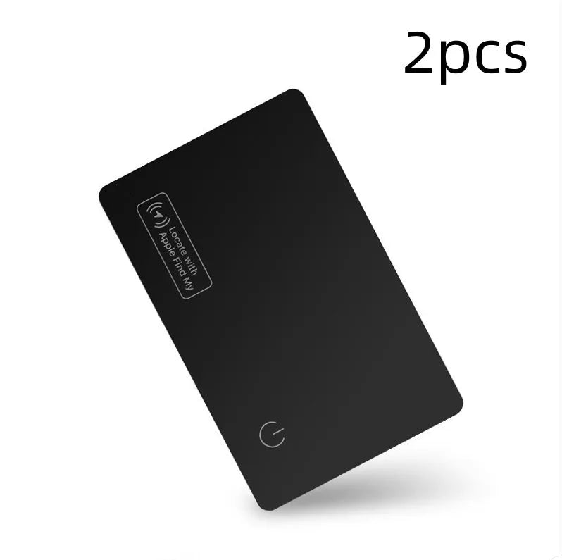 Black ultra-thin anti-loss tracking card for Apple devices with wireless charging, shown next to a credit card for size comparison.