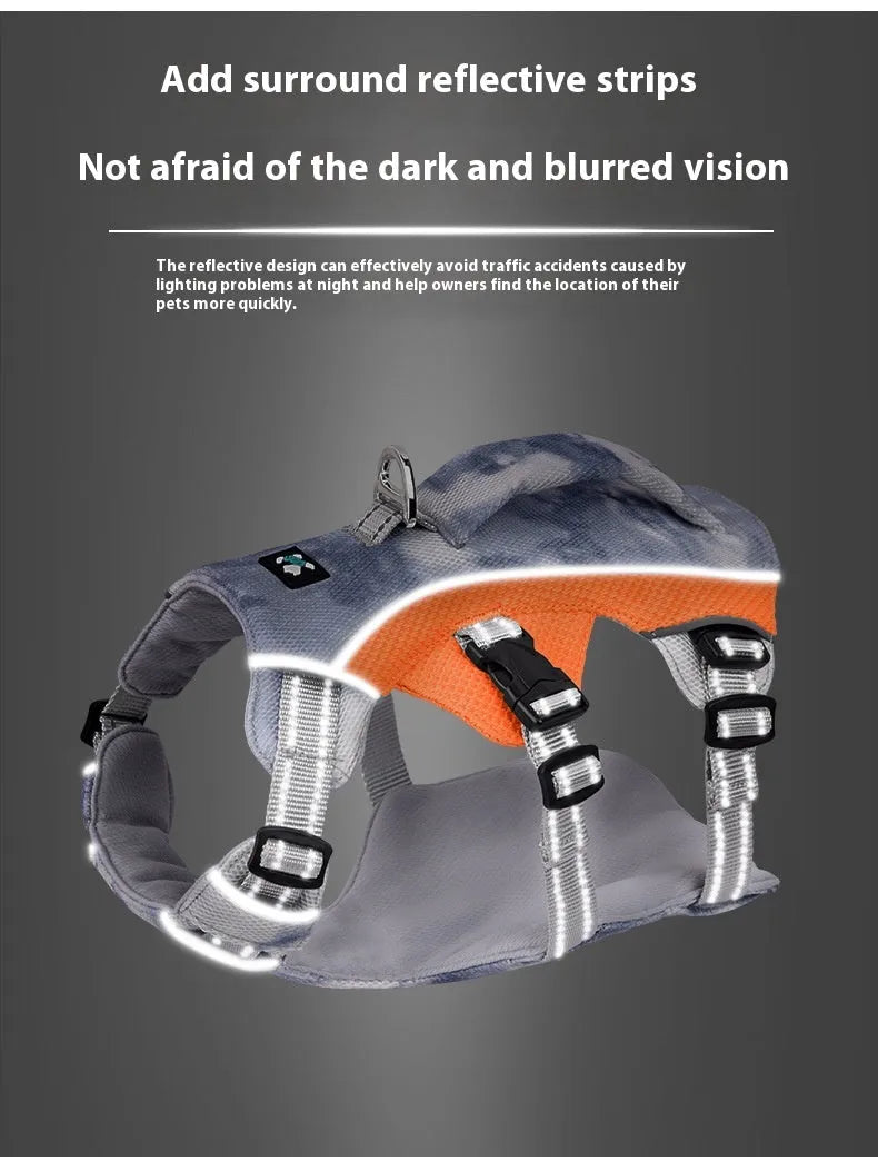 Reflective light blue pet cooling chest strap fastened around a dog's torso.