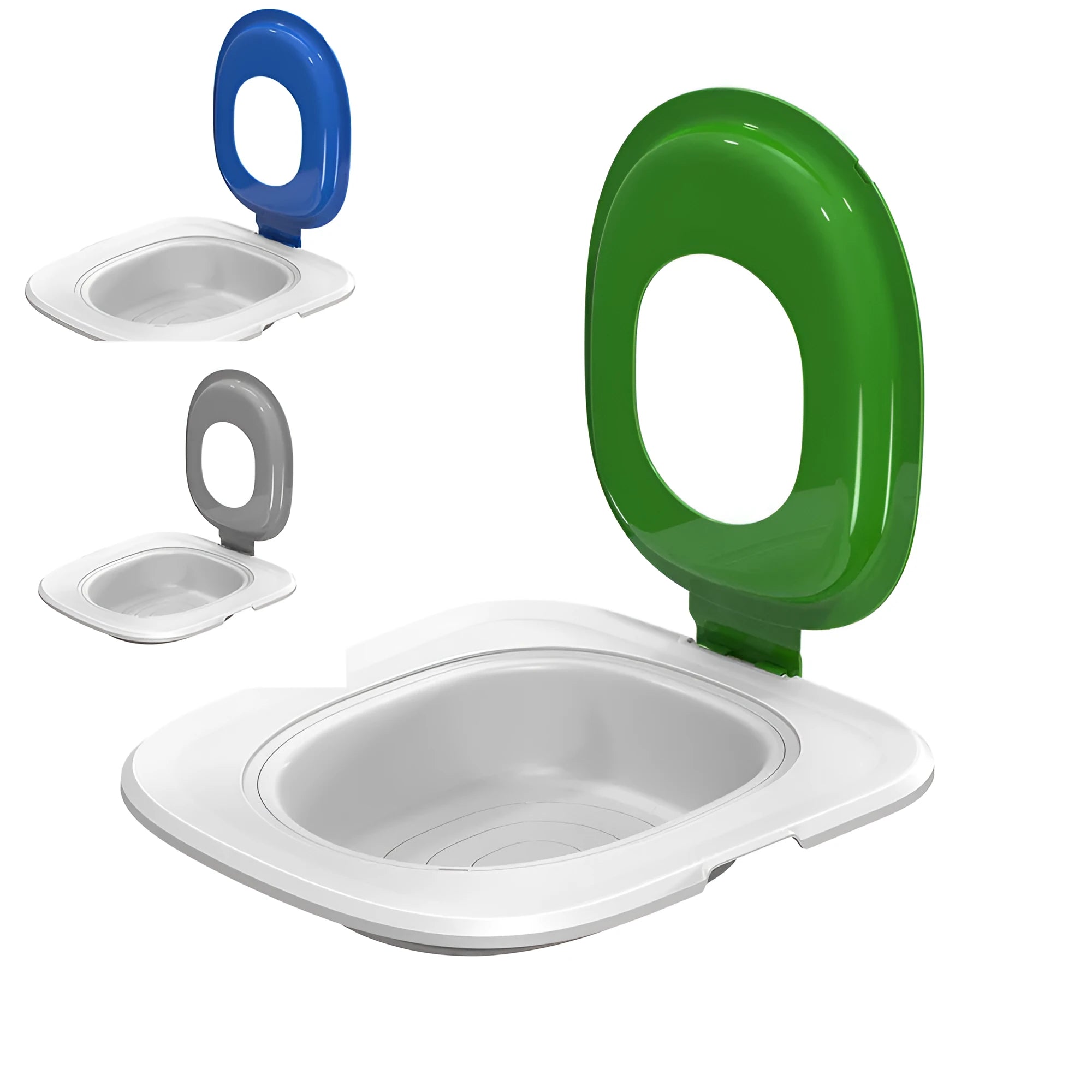 Fifth generation cat toilet trainer with integrated mat in ABS plastic available in grey, green and blue