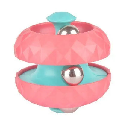 Diamond pattern ball track gyro Rubik's cube decompression fidget toy in blue and pink ABS plastic on white background