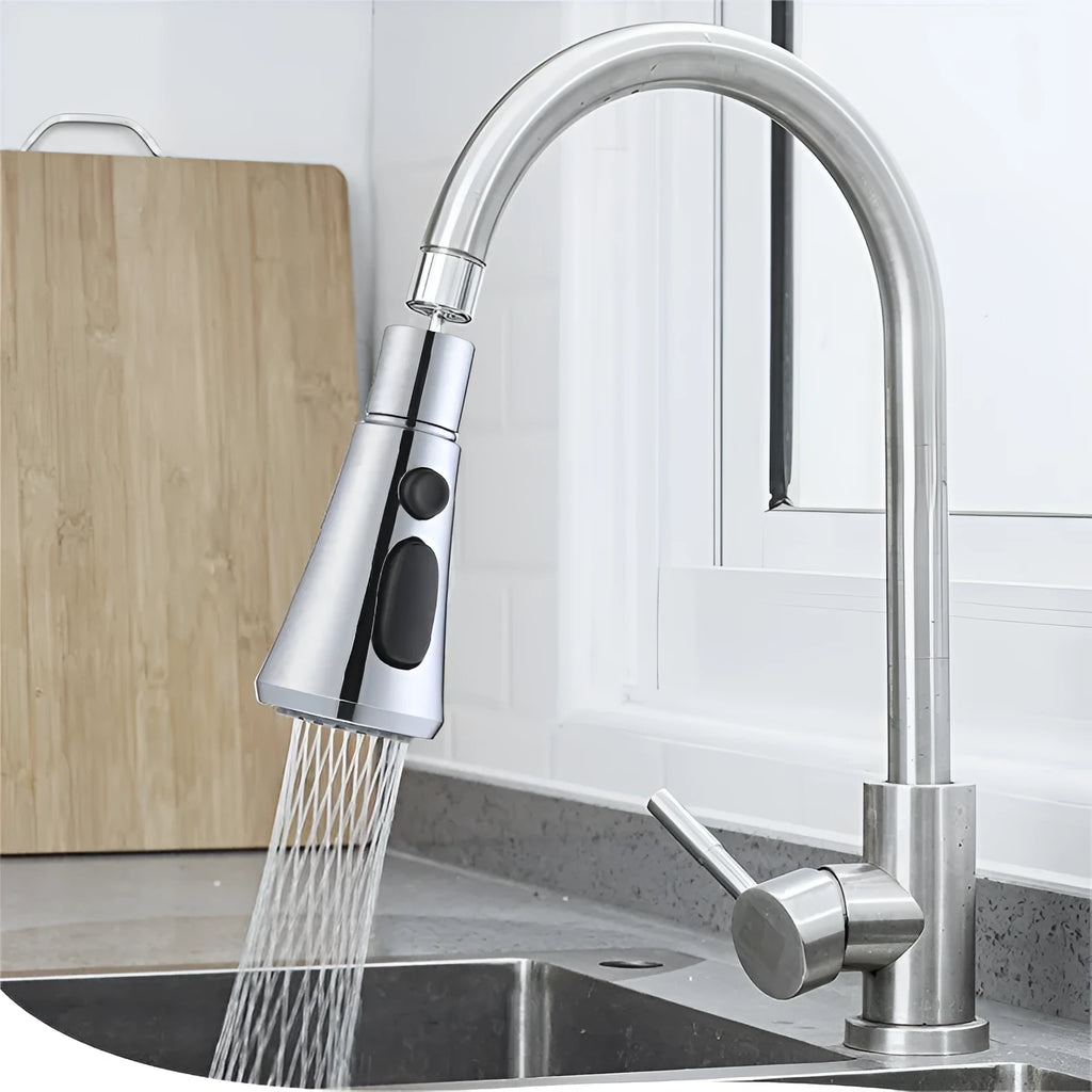 Universal pressurised faucet sprayer adapter with rotating head in silver finish
