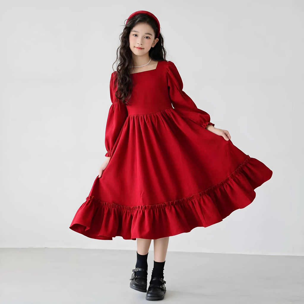 Girl's long sleeve solid colour red dress with square neckline and flounce skirt, polyester fabric