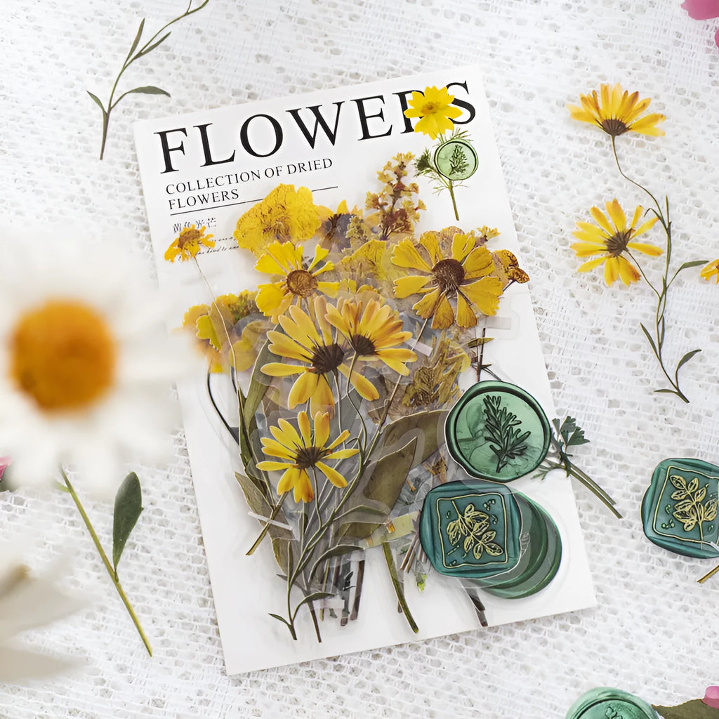 Set of 40 dried flower theme decorative stickers in eight colour styles including purple, blue, orange, and pink.