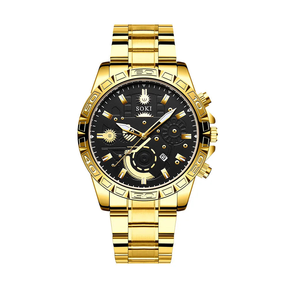 Gold-colour men's quartz watch with stainless steel strap and calendar on dial.