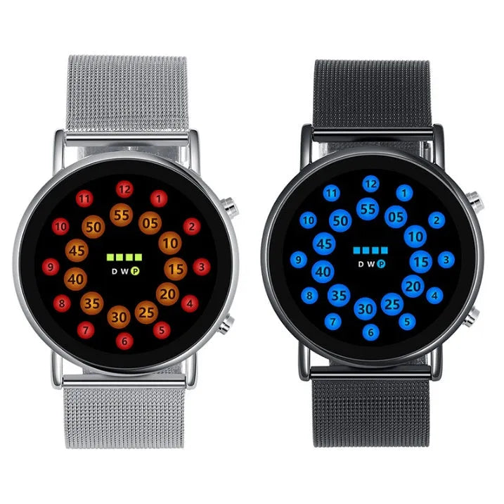 Black and silver alloy LED watch with blue lamp display on a steel mesh strap.