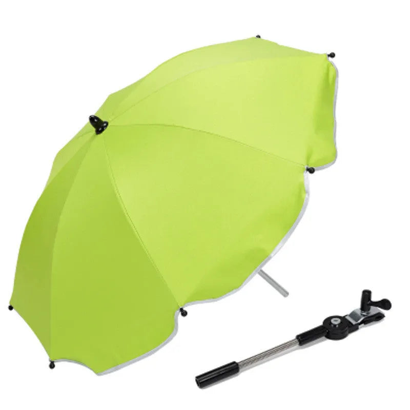 Black adjustable stroller umbrella with alloy handle and 8 steel bones attached to pram