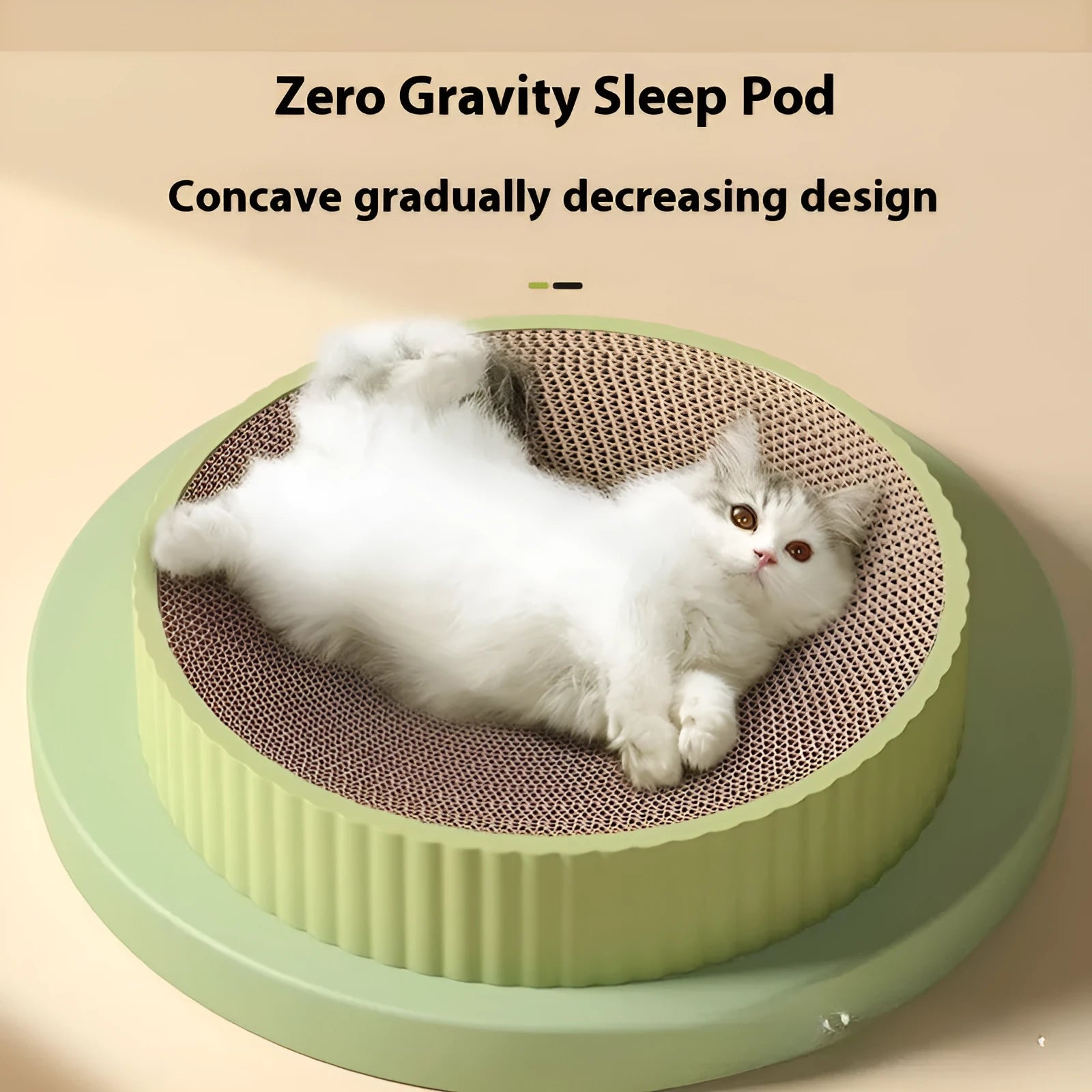 Green and white round corrugated paper cat scratching board nest with two refill packs