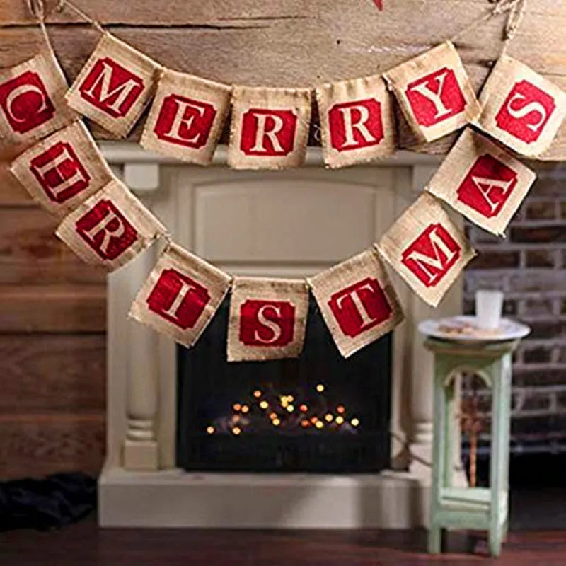 Brown and red burlap Christmas flag banner with fourteen pennants on natural string