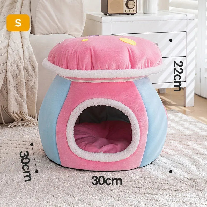 Grey plush mushroom-shaped cat bed with a detachable blanket inside a pet cage.