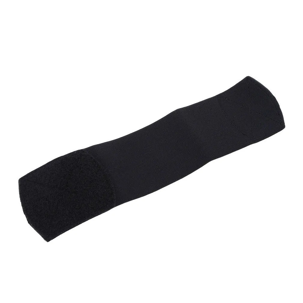 Rubber shin guard tape belt in red, shown securing a football shin pad, dimensions 25cm by 6.5cm.