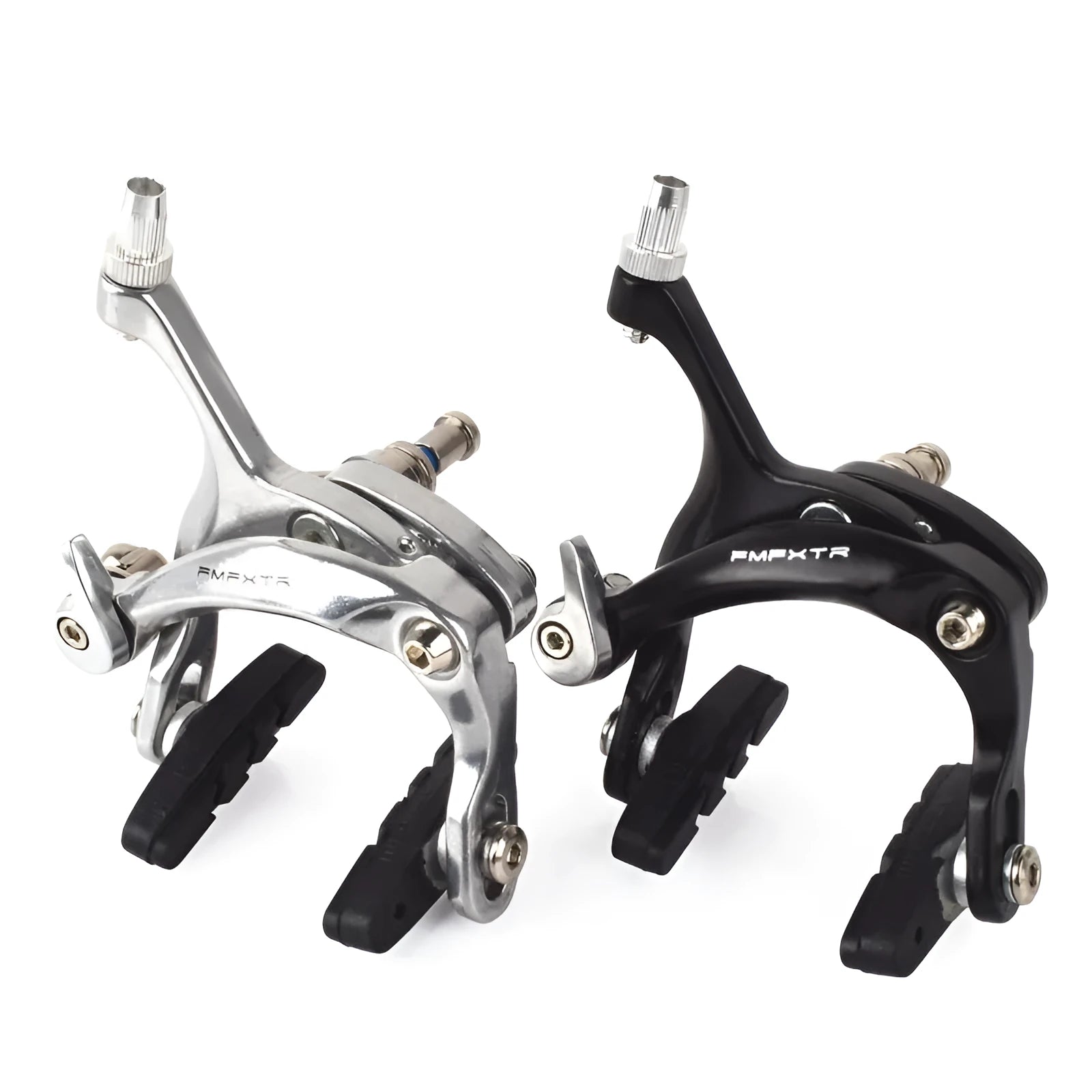 Road bicycle dual-axis brake caliper upgrade kit with U-shaped clamp in black or silver finish