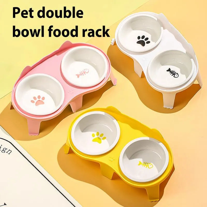 Ceramic elevated cat food and water bowl set with tilted stand in choice of colours