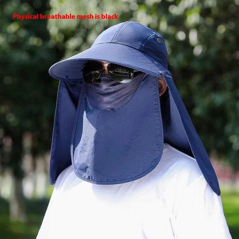 Men's sun protection hat with USB fan and integrated neck shawl in khaki colour