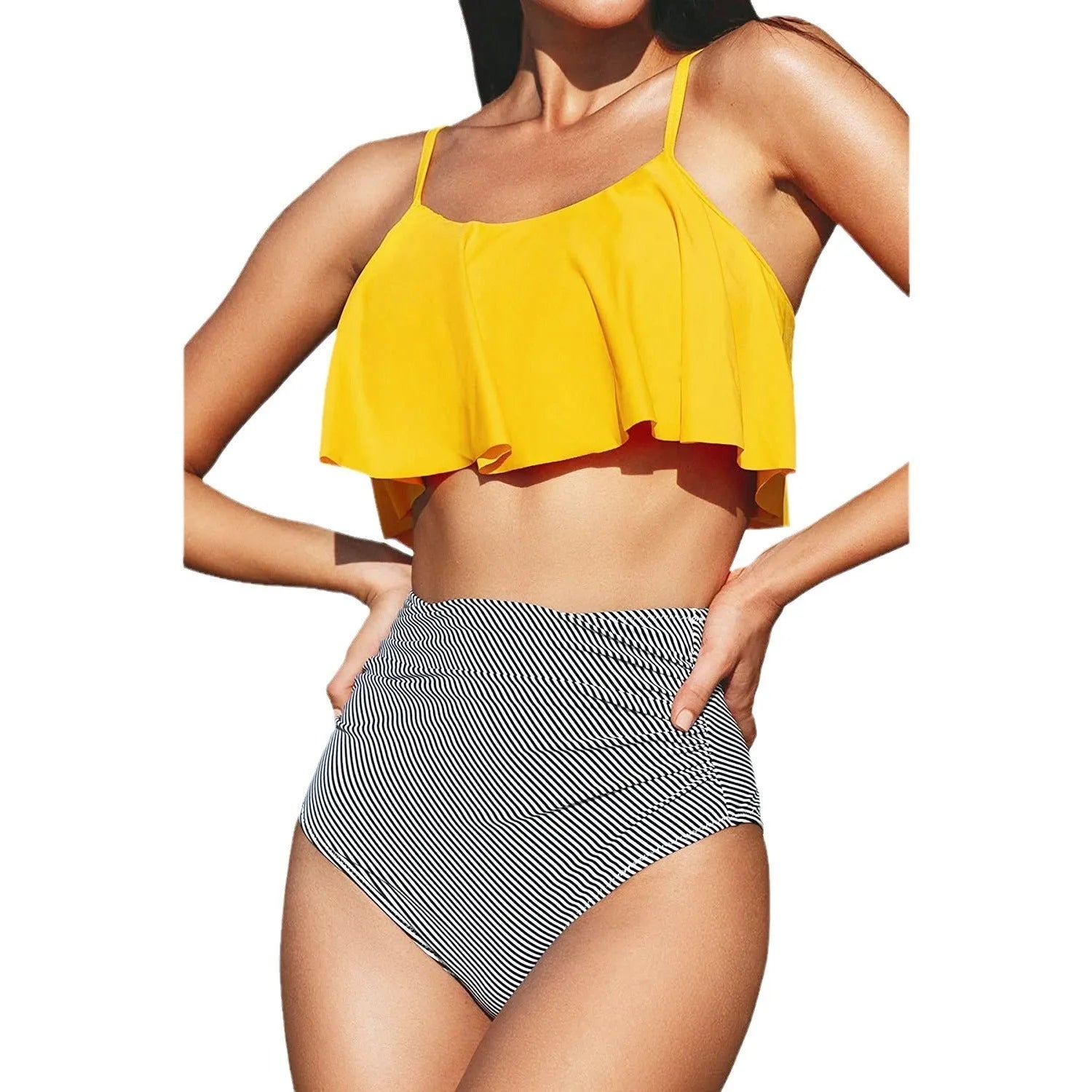 Women's striped solid colour bikini set with ruffled split tight design in briefs style