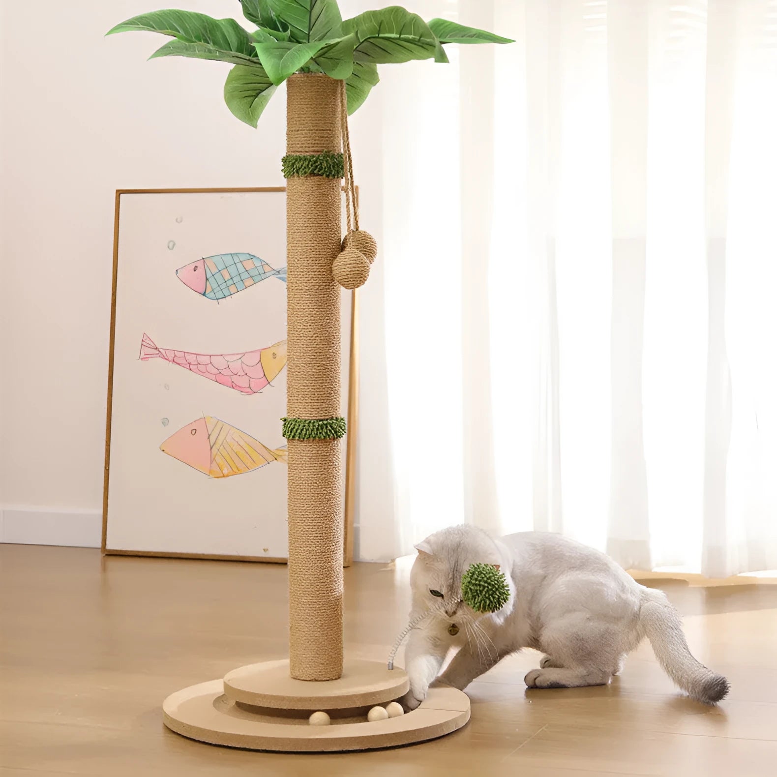 Vertical cat climbing frame with hemp rope posts and a canna-coloured chamfered grab column.