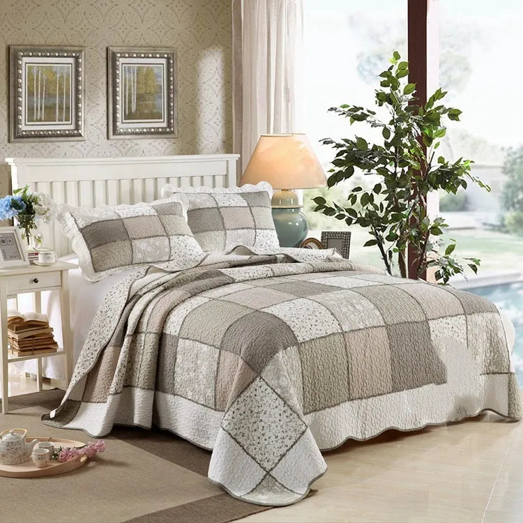 Pure cotton quilted bedspread and two pillowcases set on a bed, showing a Korean style pattern.
