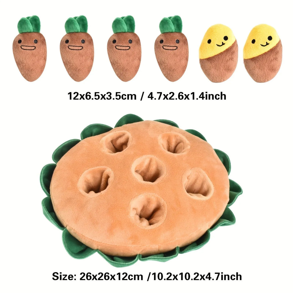Yellow interactive dog foraging pad with removable squeaky plush toys for slow feeding and mental stimulation