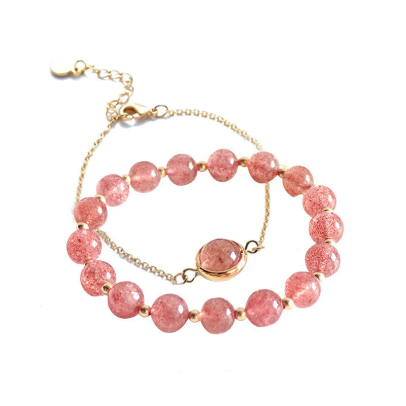 Double-layer women's bracelet with strawberry quartz crystals and electroplated gold finish on adjustable copper band