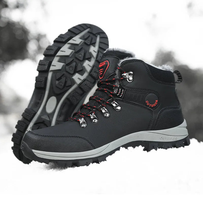 Men's winter snow boots with warm plush lining, lace-up synthetic leather upper, TPR sole, grey plus colour option