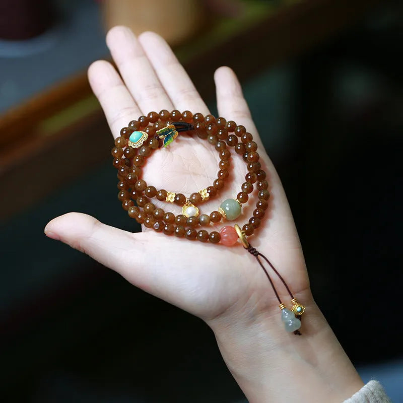 Brown jade and silver three-ring bracelet with butterfly gourd design for 14-16cm wrists