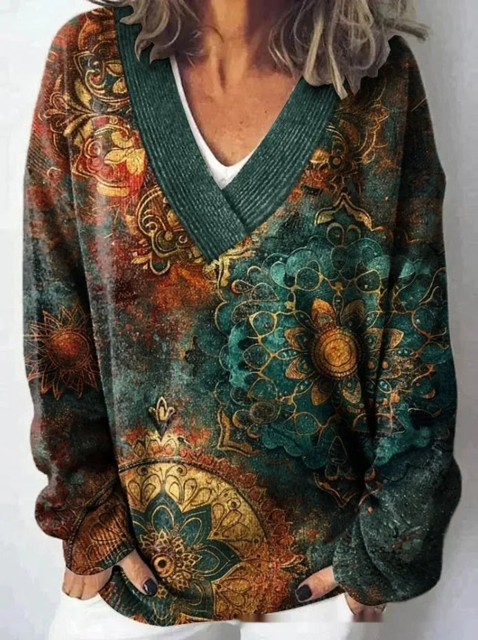 Women's V-neck long sleeve sweatshirt with a retro 3D floral pattern print in a colour from the E073 range.