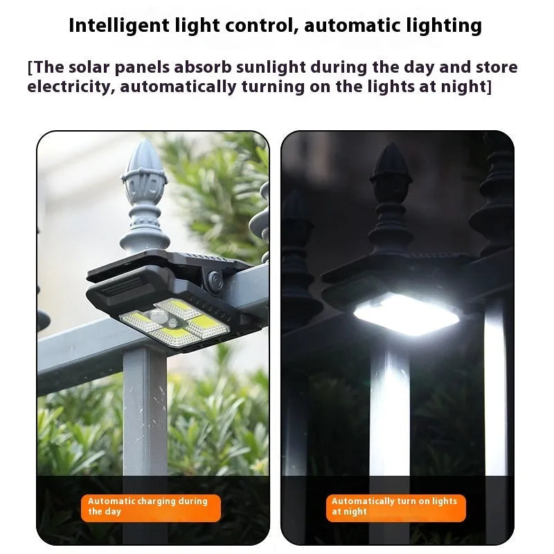 Compact white clip lamp with motion sensor for automatic indoor and outdoor lighting.