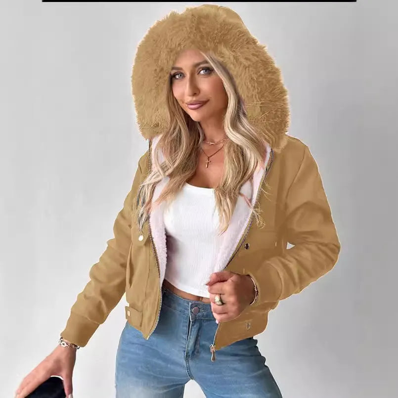 Women's casual hooded jacket with furry lining in Army Green – polyester long sleeve coat front view