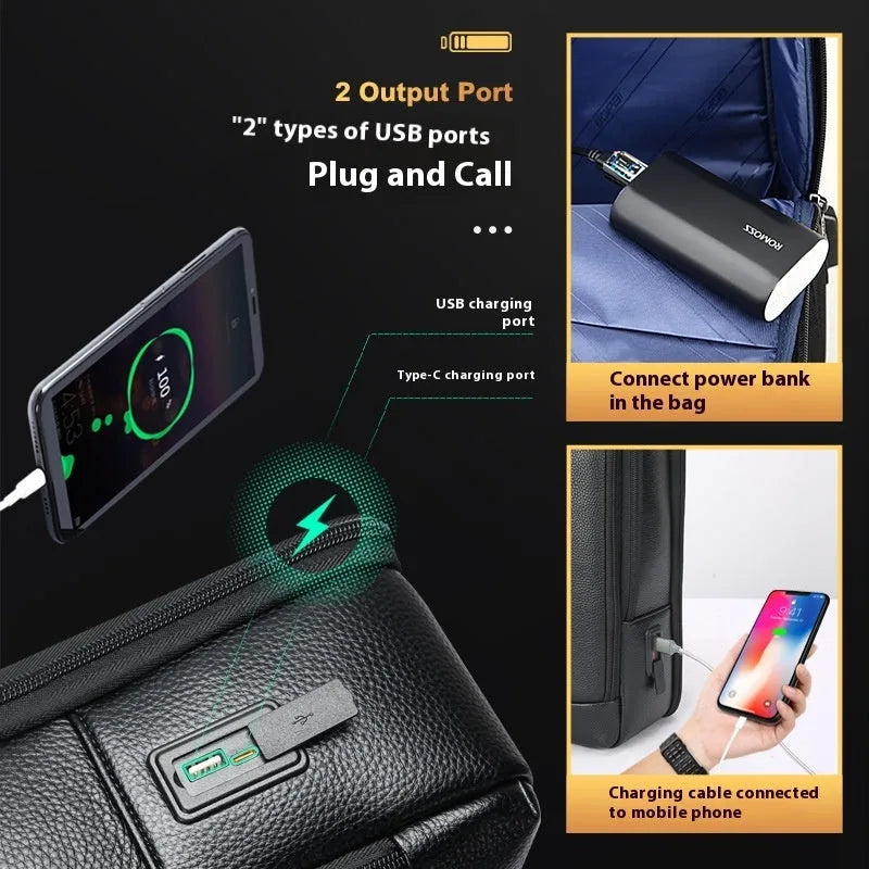 Black genuine leather men's business backpack with USB port and curved straps.