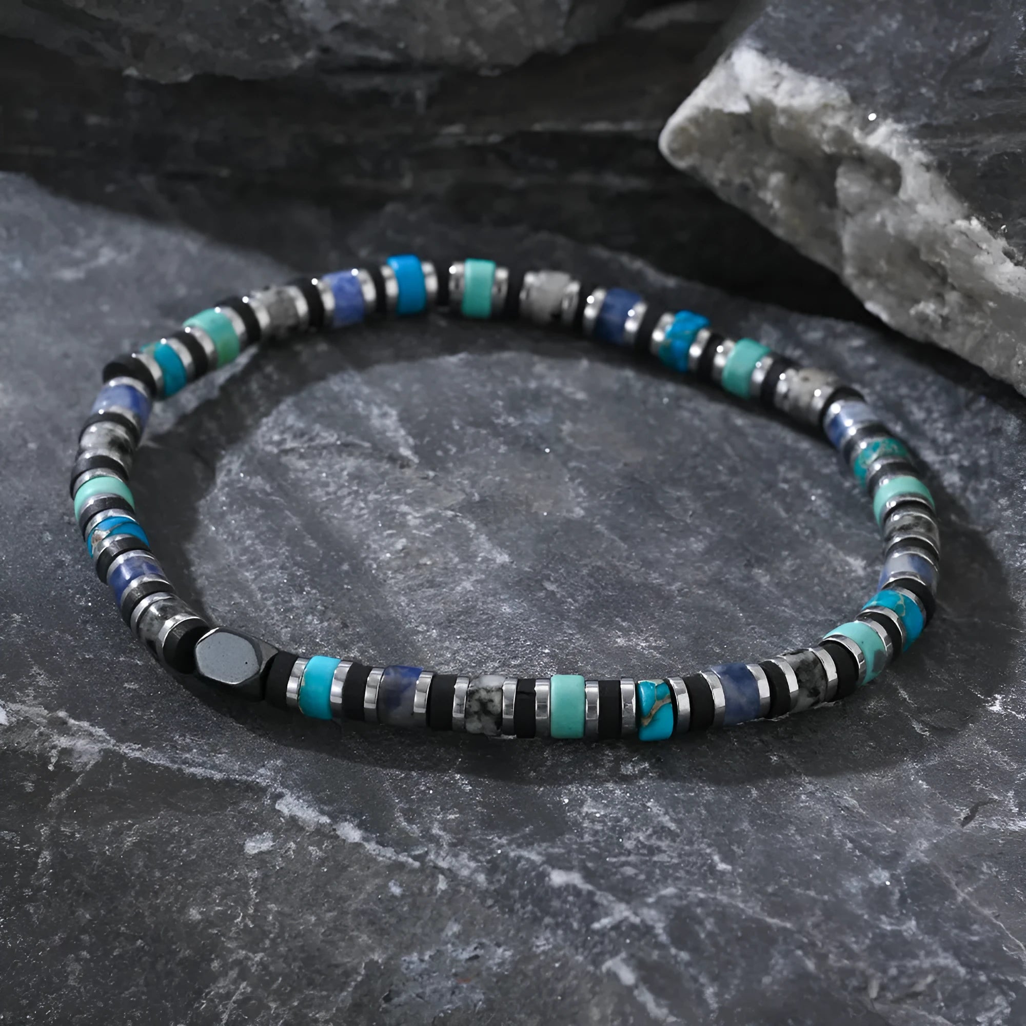 Hand-woven bohemian bracelet with cylindrical geometric semi-precious stones