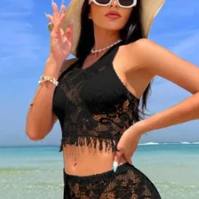 Women's black or white two-piece bikini with lace top and tassel skirt cover-up for swimming