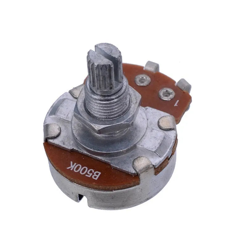 A single metal control knob for an electric guitar potentiometer.