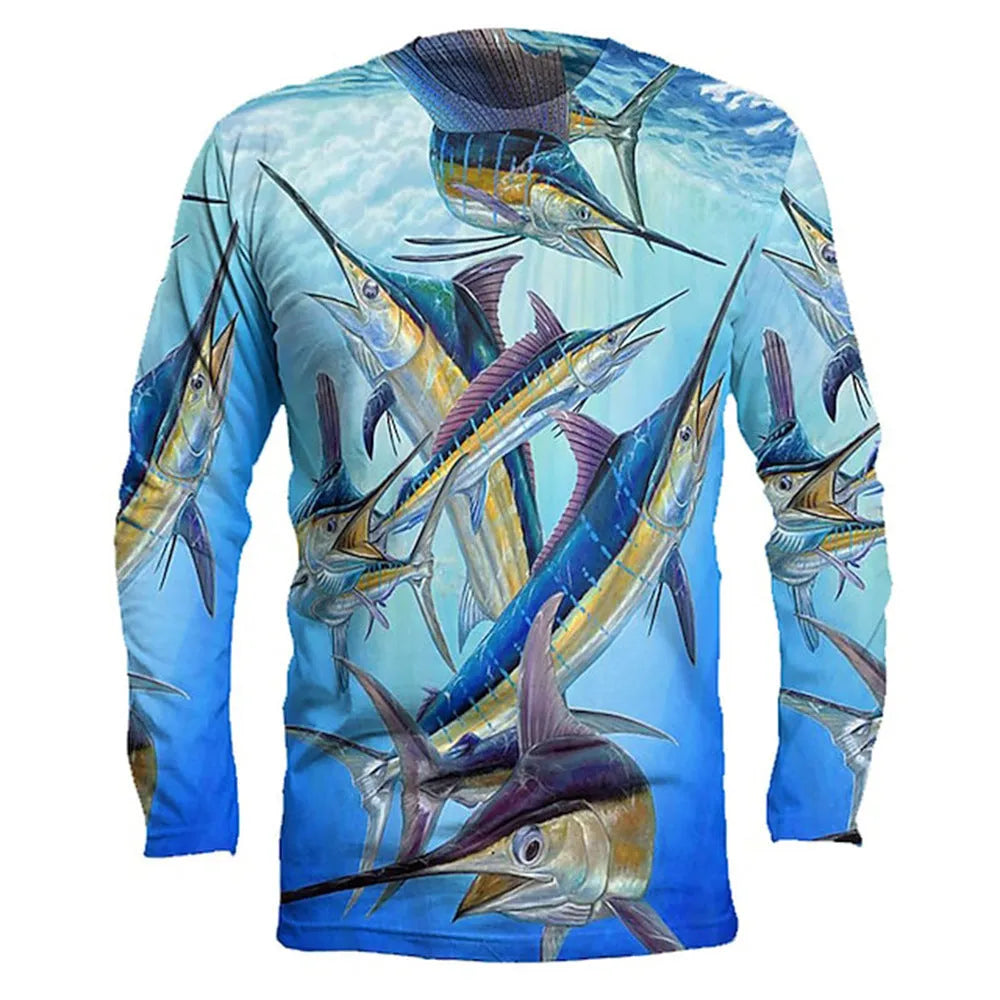 Men's long-sleeved pullover top with a printed fish pattern on a milk silk fabric.