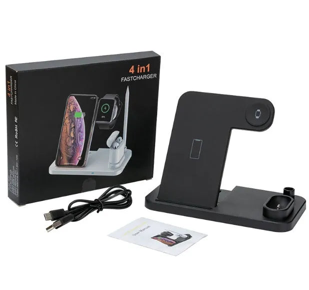 Black 4-in-1 wireless charging station showing phone on adjustable stand, with Apple Watch and AirPods charging.