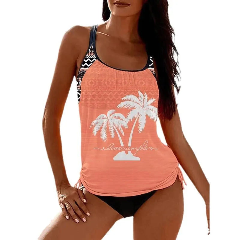 Women's loose-fitting tangini briefs bikini set with split leg design in polyester fabric