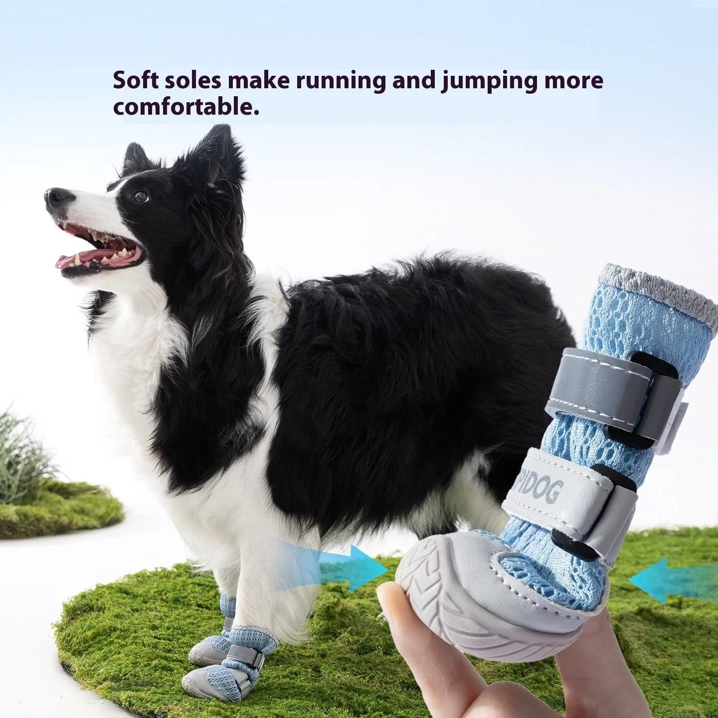 Cartoon style blue and green dog shoes made from PU material for summer paw protection.