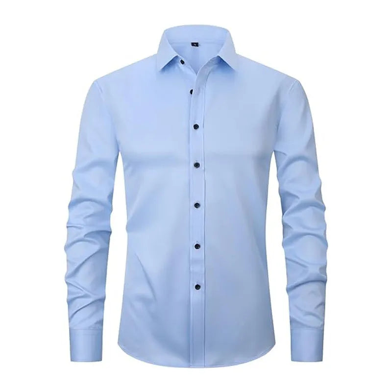 Men's stretch long sleeve work shirt in polyester fabric shown in a light colour, featuring a button front and long sleeves.