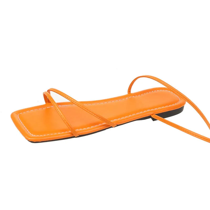 Women's flat sandals with ankle ring bandage cloth design and square toe in three colour options